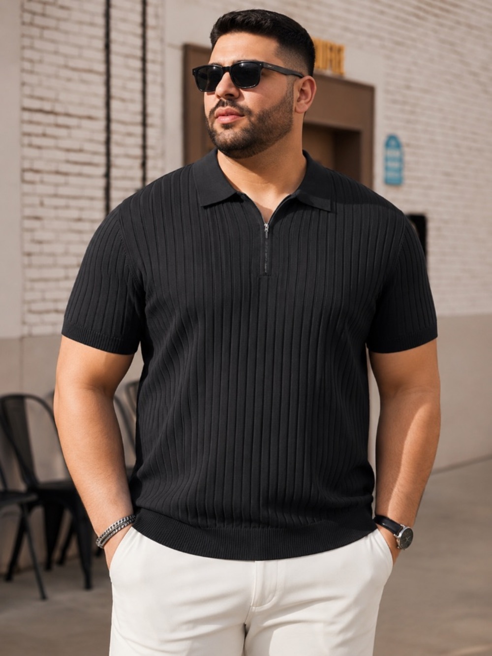 🔥 NWT COOFANDY men’s black short sleeve ribbed knit 1/4 zipper shirt XXXL